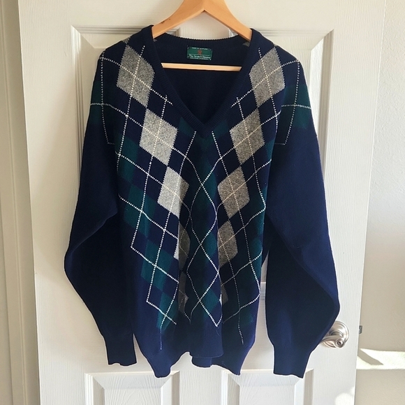 The Scotch House 100% Pure Lambswool Argyle Mens Sweater Made in Scotland Navy - Picture 1 of 7